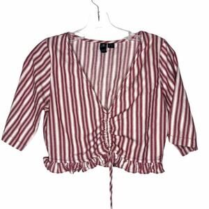 Volcom Womens Top Size S Red White Striped Rushed Pullover Casual V Neck Crop